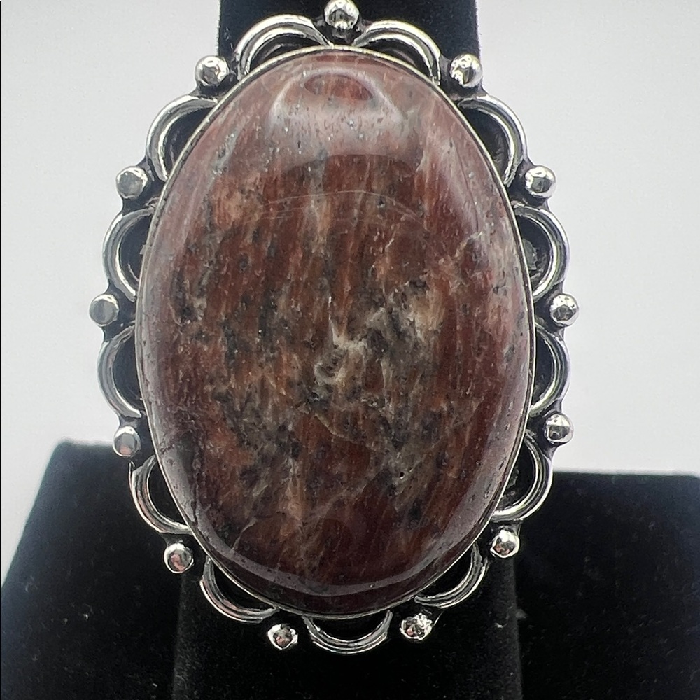 Brown Jasper Oval Silver Overlay Statement Ring S… - image 1